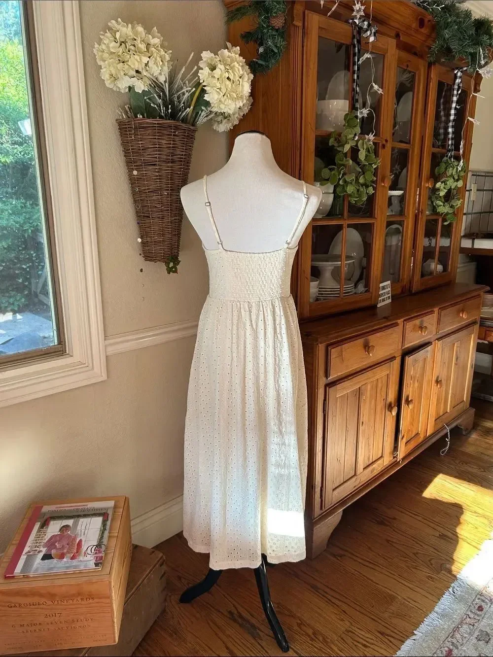 Urban Outfitters Abbey Cream Eyelet Fully Lined Button-Front Midi Dress
